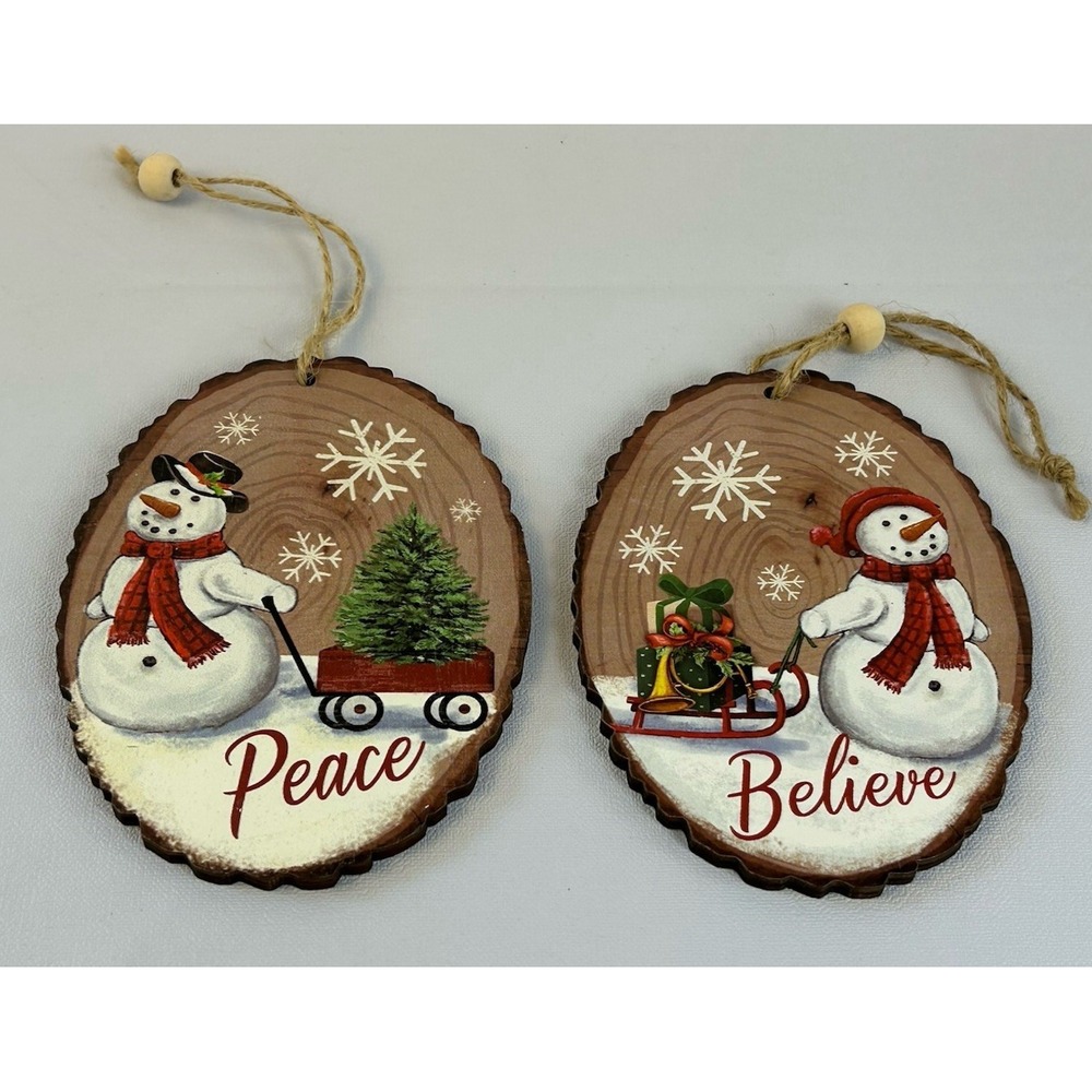 Rustic Snowman Wood Slice Ornaments Set Peace Believe Farmhouse Christmas Decor